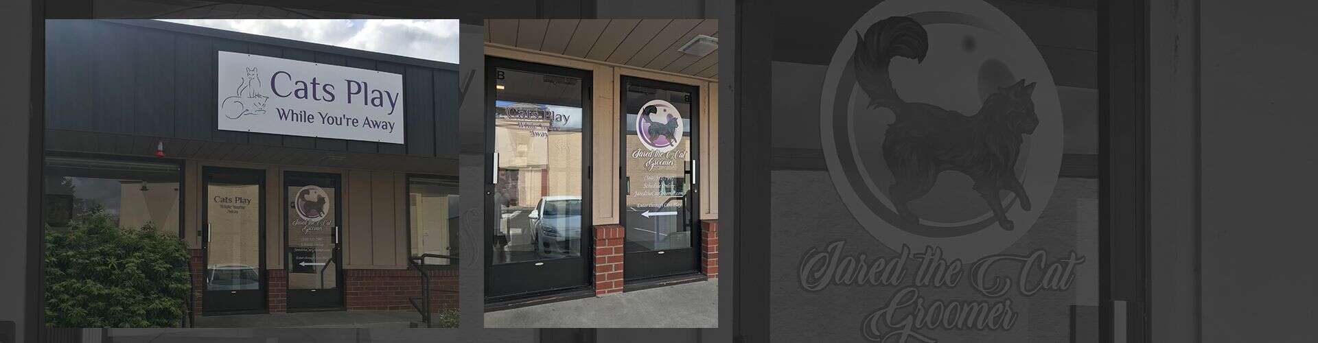 A shopfront with signs for "Cats Play" featuring a silhouette of a cat jumping over a moon.