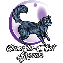 A fluffy black cat stands in front of a purple crescent moon, with "Jared the Cat Groomer" written below.