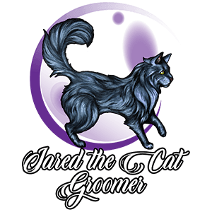 Black cat with a bushy tail in front of a purple circle, with text reading "Jared the Cat Groomer.
