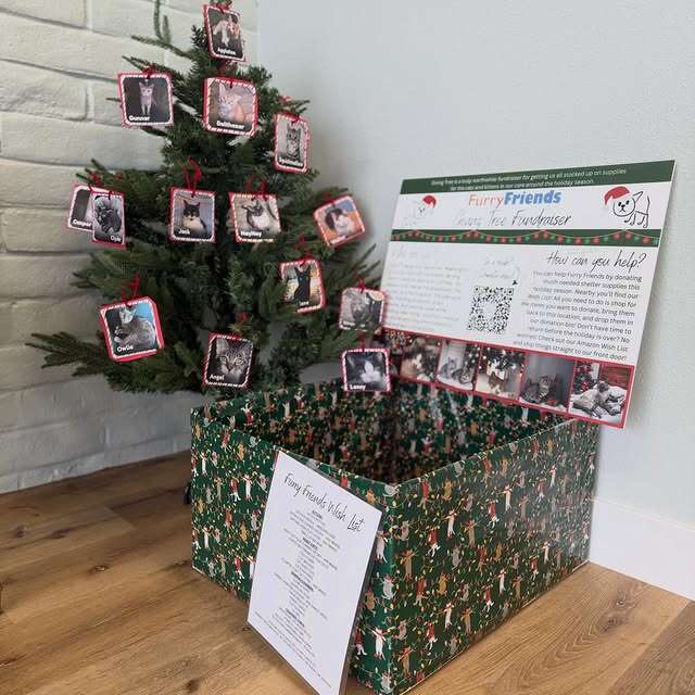 A Christmas tree with pet photo ornaments, next to a decorated donation box and a sign for a pet fundraiser.