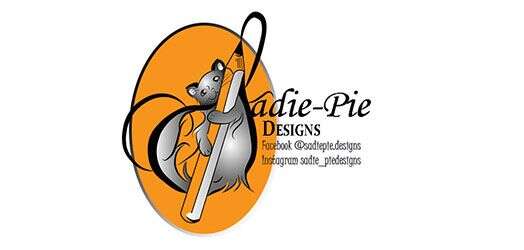 A cat on a broomstick with "Sadie-Pie Designs" and social media details next to it on an orange oval background.