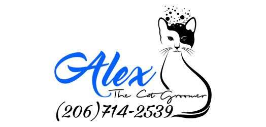 Cat logo with black and white design, blue text reading "Alex The Cat Groomer," and phone number "(206) 714-2539.
