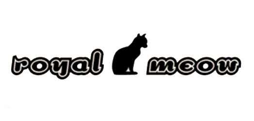 The words "royal meow" with a silhouette of a cat sitting between them.